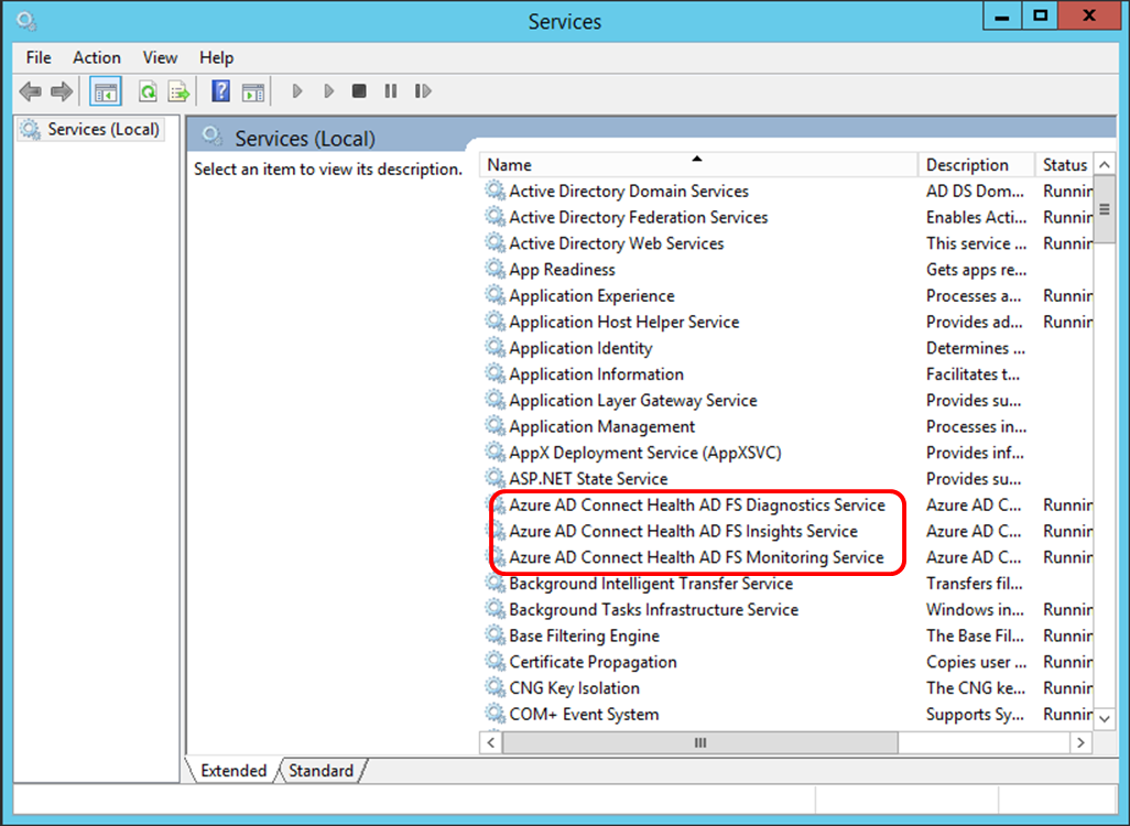 Screenshot of the Microsoft Entra Connect Health AD FS services. Deploy only the services you need.