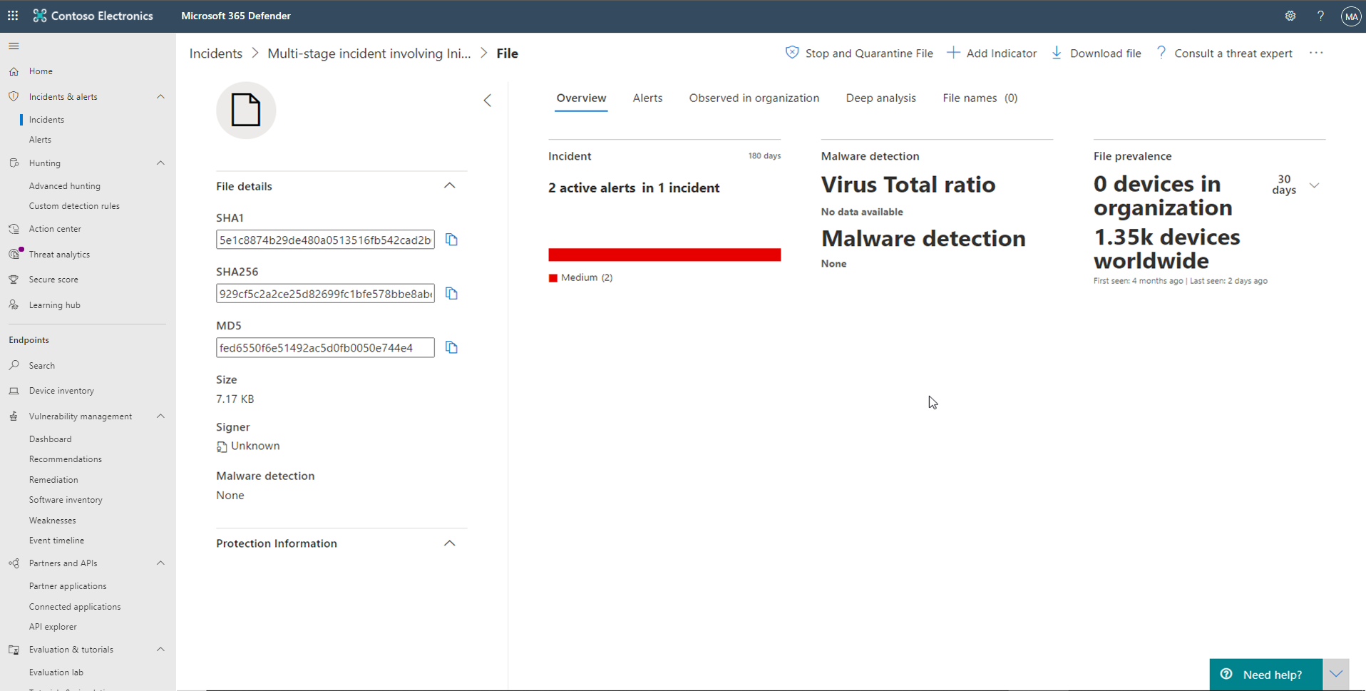 Screenshot delle informazioni della pagina File di Microsoft Defender per endpoint.