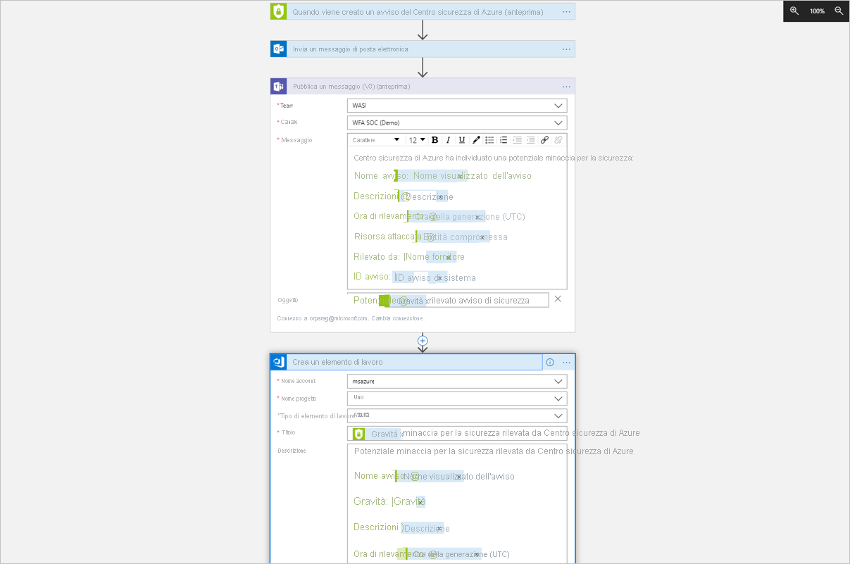 Screenshot of the Logic App U I and a sample logic app.