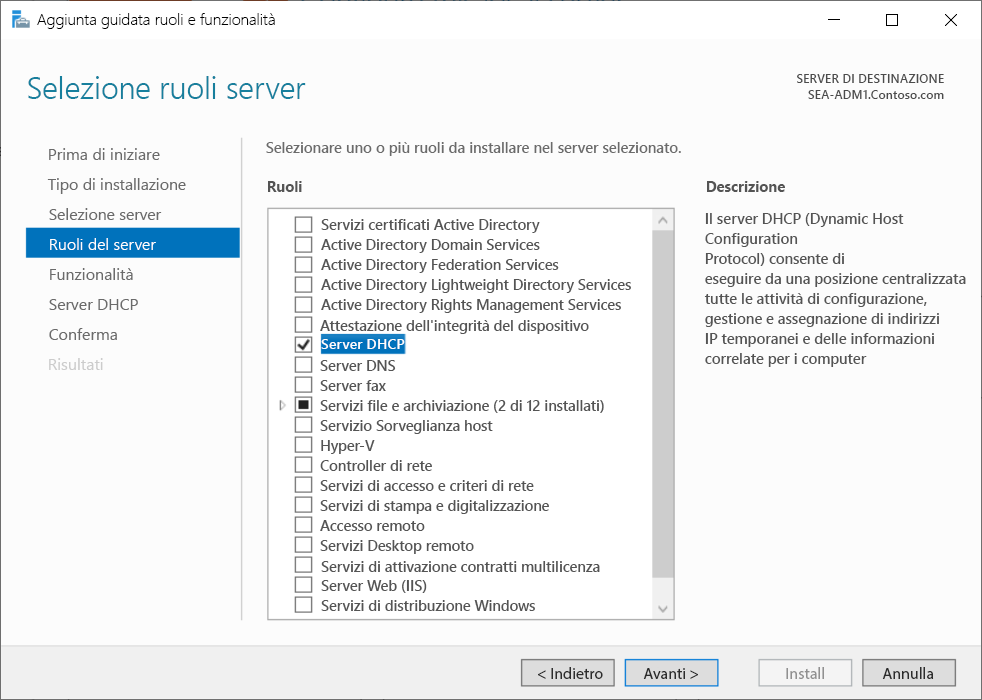 A screenshot of the Add Roles and Features Wizard in Server Manager. On the Select server roles page, the administrator has selected DHCP Server.