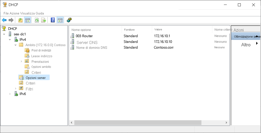 A screenshot of the DHCP console. The administrator has selected the Server Options node in the navigation pane. Three options are displayed: 003, 006, and 015.