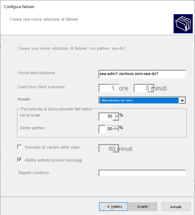 A screenshot of the Create a new failover relationship page in the Configure Failover wizard. The Mode is Load balance.