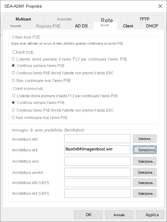 Screenshot della finestra di dialogo delle proprietà di SEA-ADM1 in Servizi di distribuzione Windows. L'amministratore ha selezionato la scheda Avvio. L'opzione Continua sempre l'avvio PXE è selezionata e l'immagine d'avvio dell'architettura x64 è boot.wim.