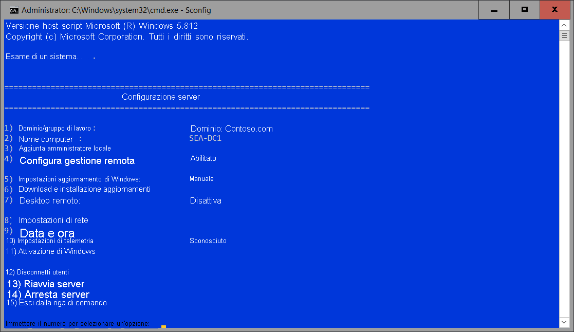 A screenshot of Sconfig in an elevated Command Prompt window. Available options are described in the following table.