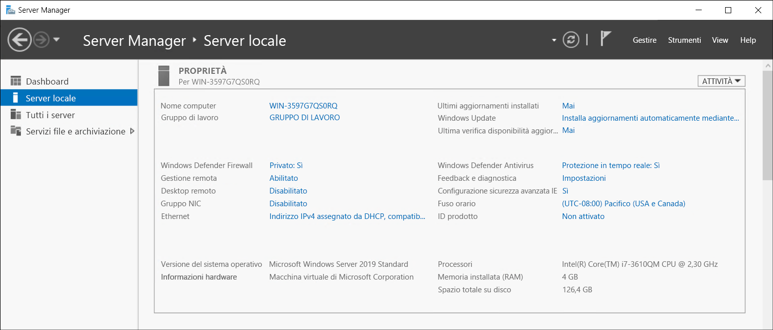 A screenshot of the Local Server pane in Server Manager. Displayed are the options that must be configured, as described in the preceding section of this unit.