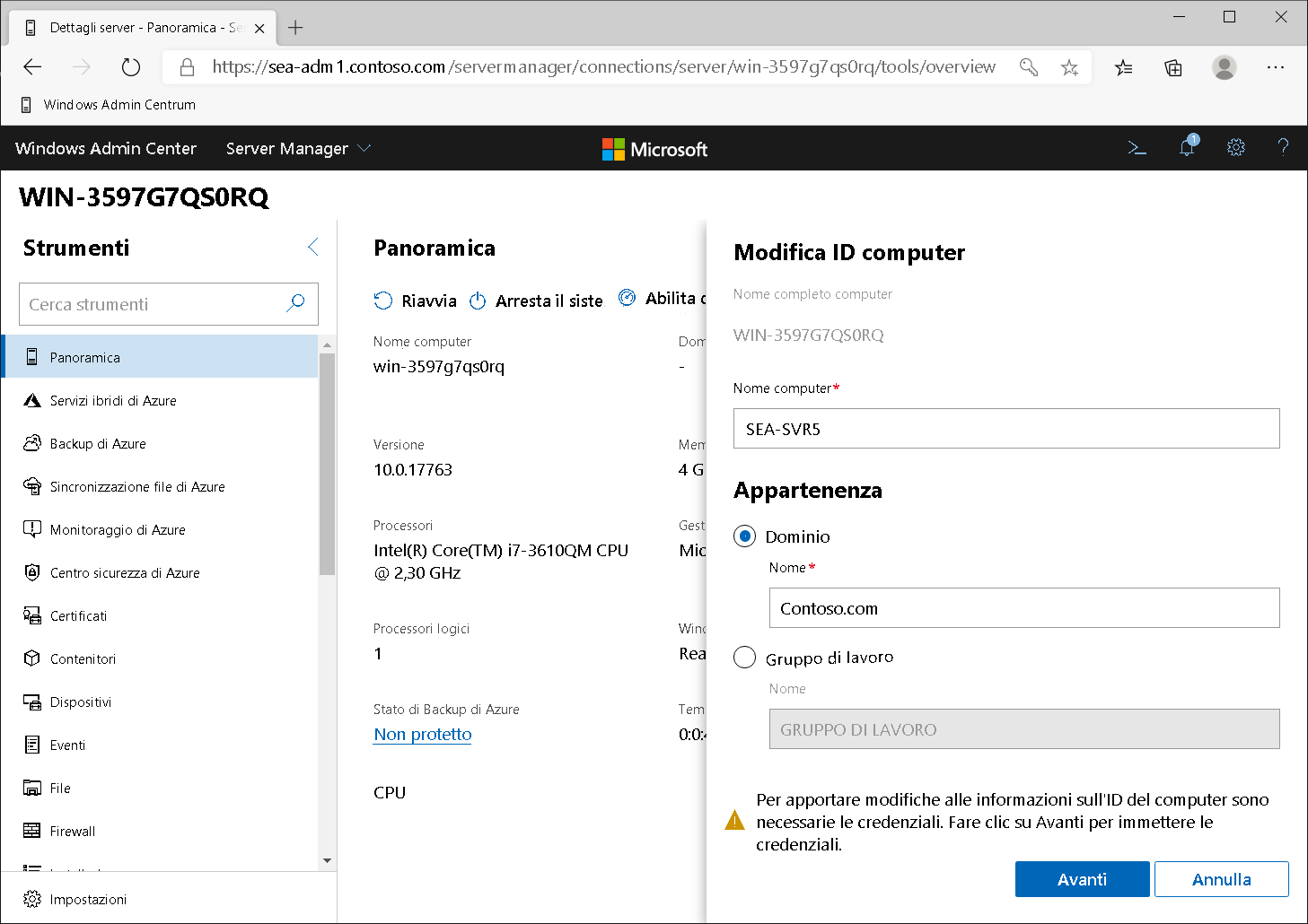 A screenshot of Windows Admin Center. The Overview page is displayed, along with the Edit computer ID blade. The administrator has updated the computer name and domain name.