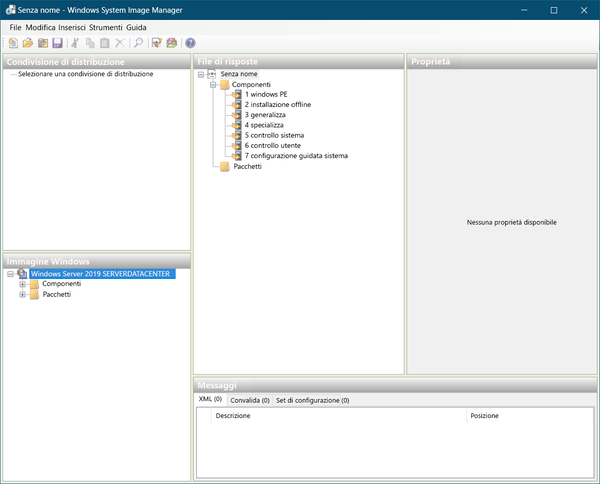 A screenshot of Windows System Image Manager. An untitled answer file is open. Displayed are details of the Distribution Share,the Windows Image, the Answer File, and both the Properties and Messages panes.