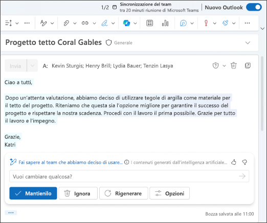 Screenshot di una bozza di messaggio di posta elettronica generato da Copilot in Outlook.