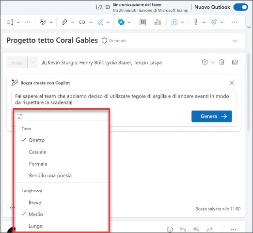 Screenshot delle opzioni disponibili per personalizzare la bozza in Copilot in Outlook.