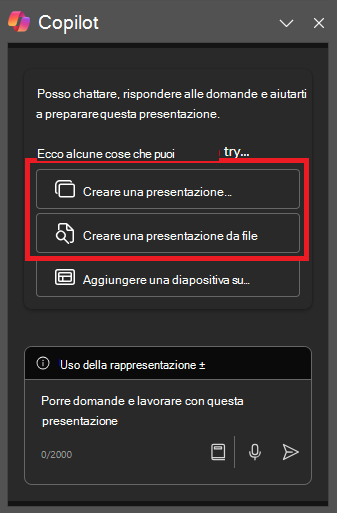 Screenshot del pannello Copilot in PowerPoint alla prima apertura.