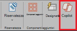 Screenshot dell'icona Copilot nella barra multifunzione di PowerPoint.
