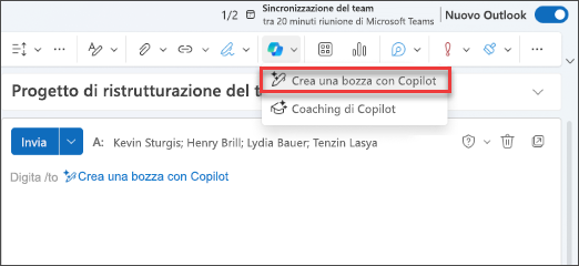 Screenshot dell'icona Copilot sulla barra degli strumenti di Outlook.