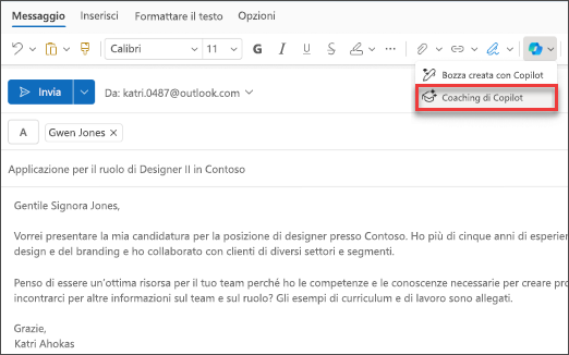 Screenshot dell'opzione di menu per Coaching by Copilot in Nuovo Outlook.