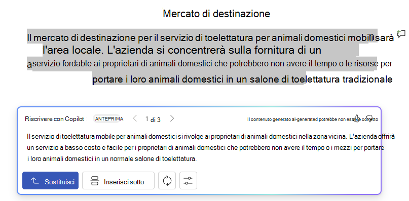 Screenshot di Copilot in Word con suggerimenti e opzioni per la riscrittura del testo.