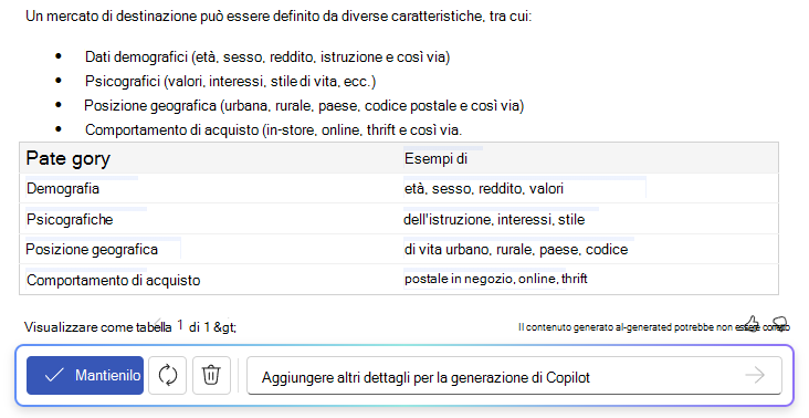 Screenshot di Copilot in Word che mostra la funzionalità da testo a tabella.