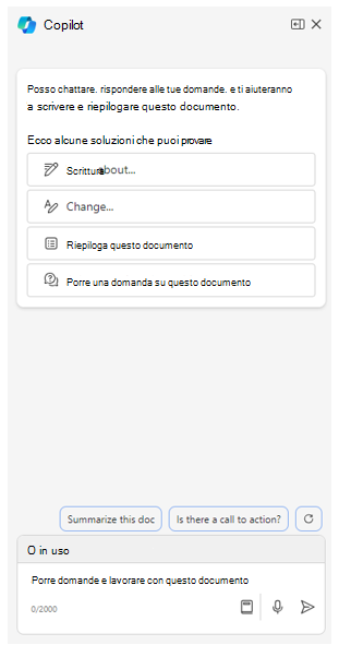 Screenshot che mostra il riquadro Copilot in Microsoft Word.