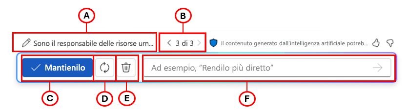 Screenshot che mostra la finestra Copilot in Word con tutte le opzioni evidenziate ed etichettate.