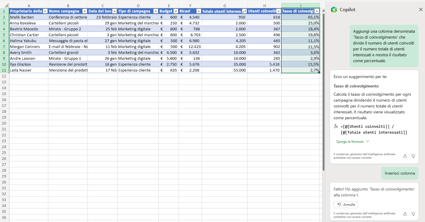 Screenshot di Copilot in Excel che inserisce una colonna per il tasso di engagement.