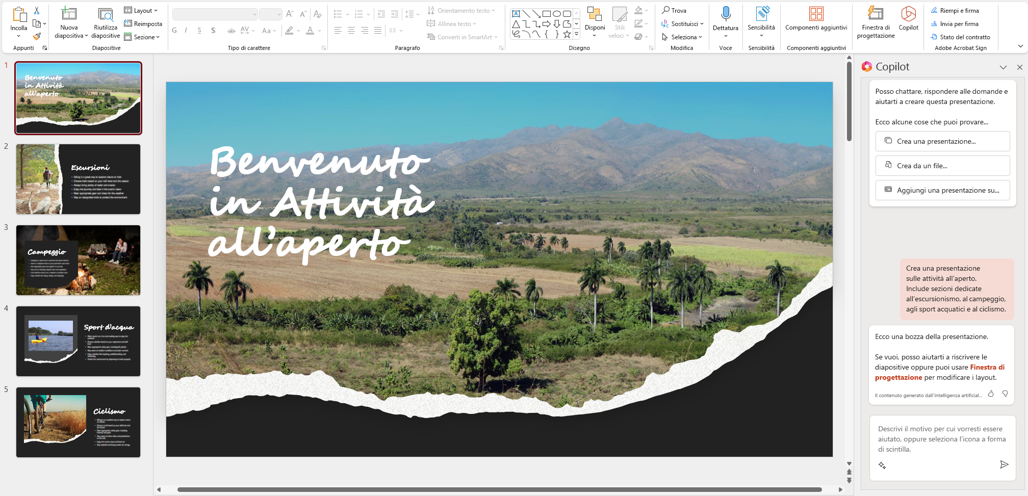 Screenshot della nuova presentazione di PowerPoint creata da Microsoft 365 Copilot.