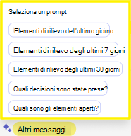 Screenshot che mostra il prompt di riepilogo da parte di Copilot in Teams Chat.