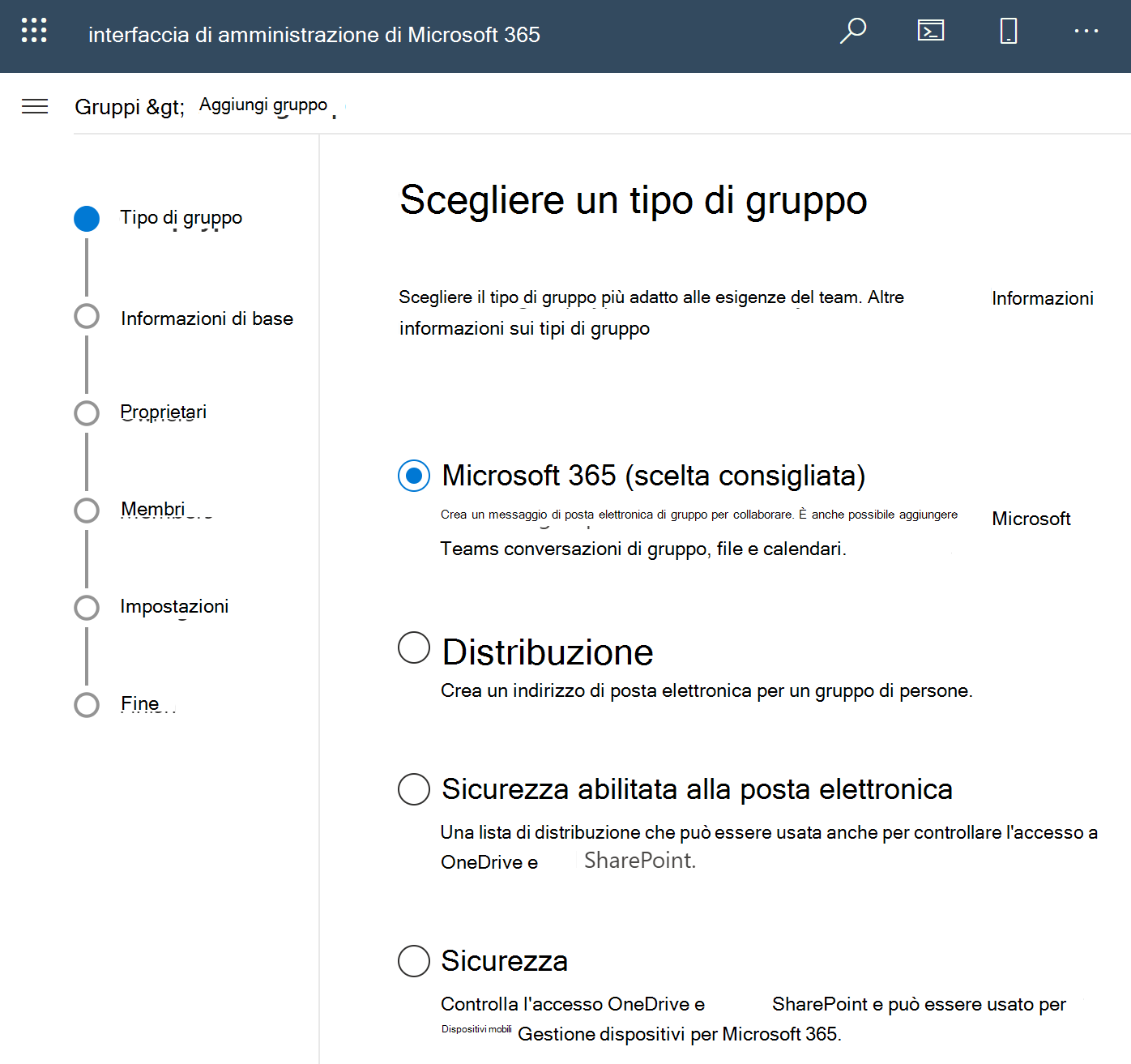 Screenshot di Creare un gruppo di Microsoft 365.