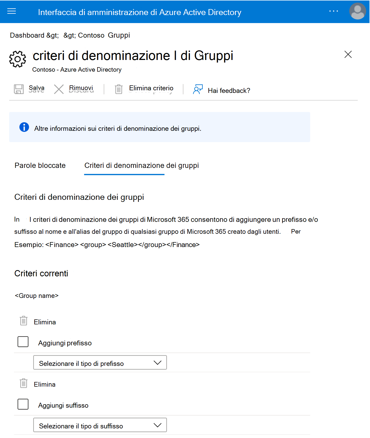 Screenshot della configurazione dei criteri di denominazione.