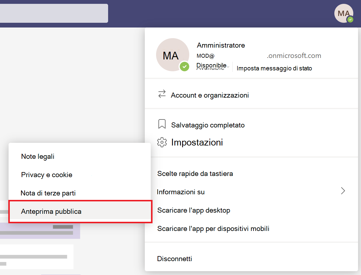 Screenshot dell'opzione di anteprima pubblica nel client di Teams.