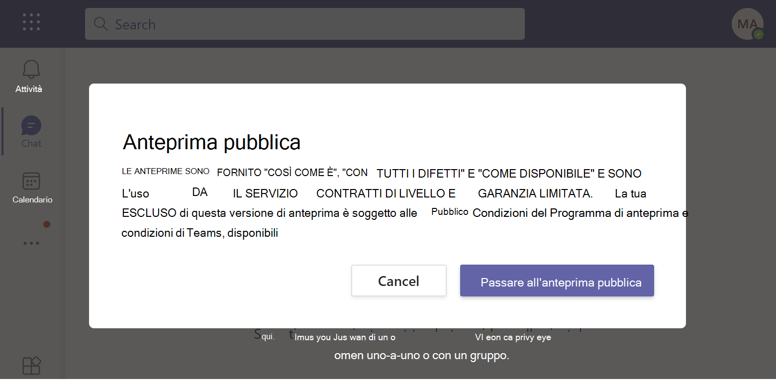 Screenshot della richiesta di passaggio all'anteprima pubblica