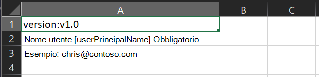 Screenshot of a clipped version of the C S V template for bulk deleting user accounts, with text boxes explaining the purpose of each row.