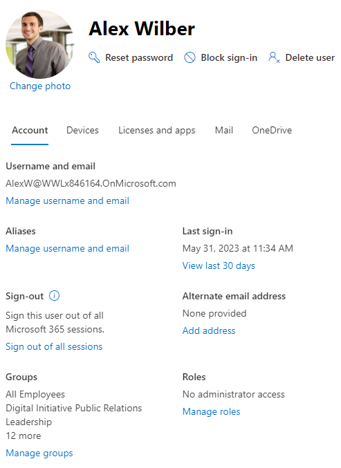 Screenshot of the user account pane showing the Account tab for Alex Wilber.
