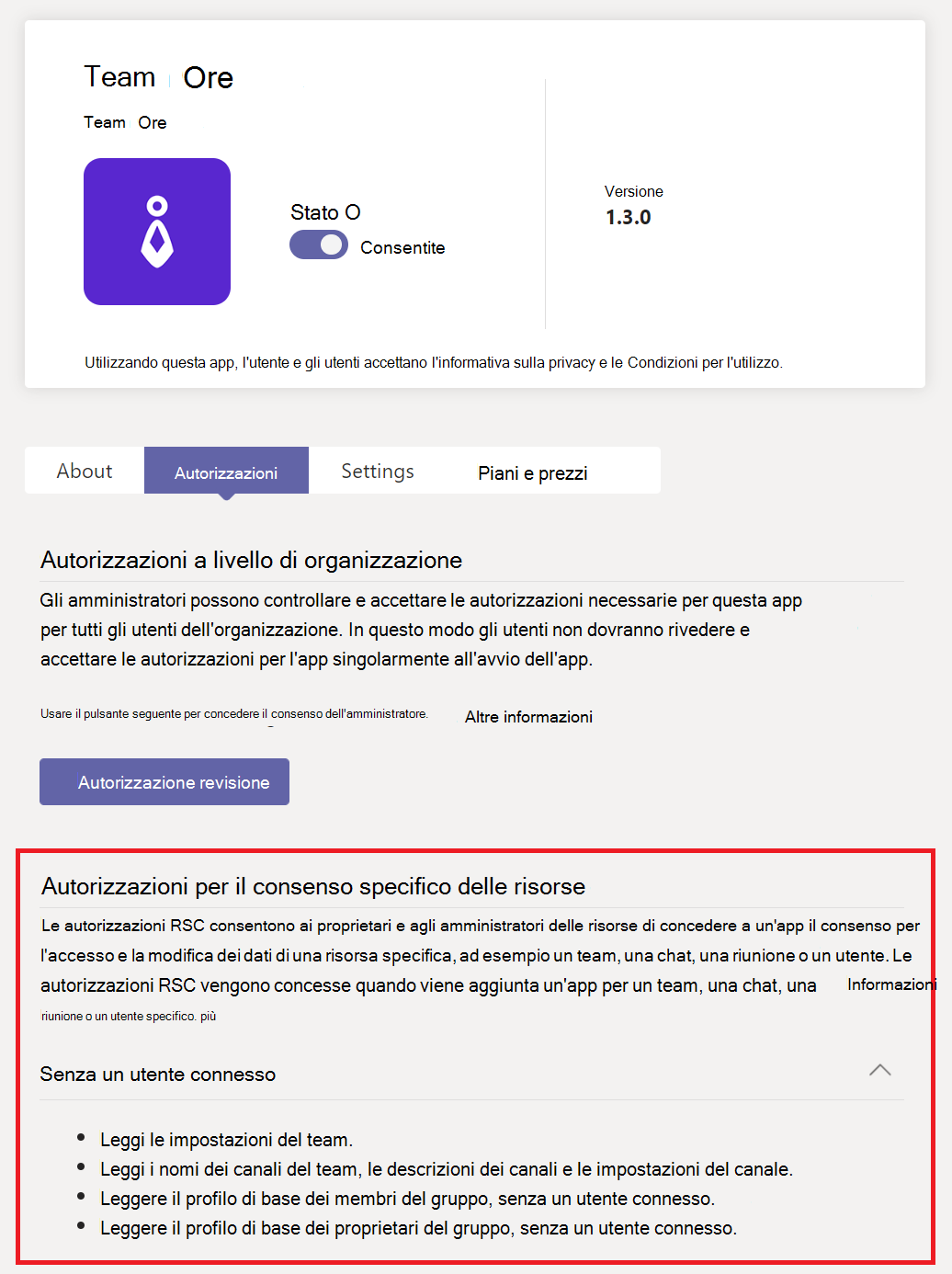 Screenshot delle autorizzazioni RSC per un'app.