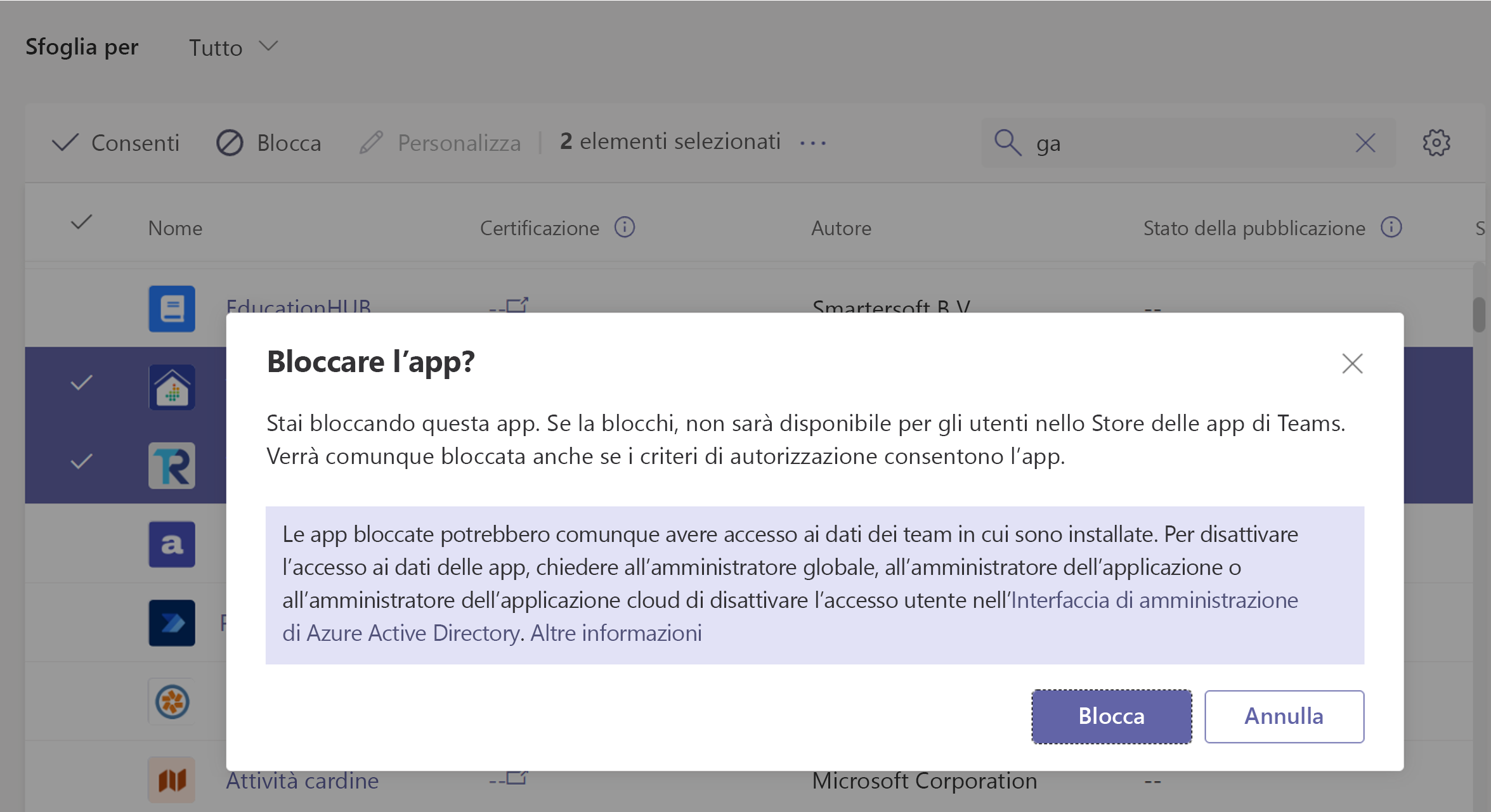  Screenshot del blocco delle app dall'interfaccia di amministrazione di Teams.