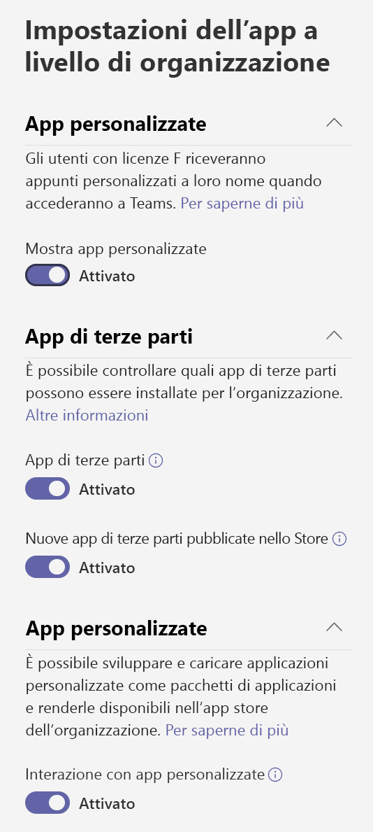  Screenshot delle impostazioni dell'app a livello di organizzazione.