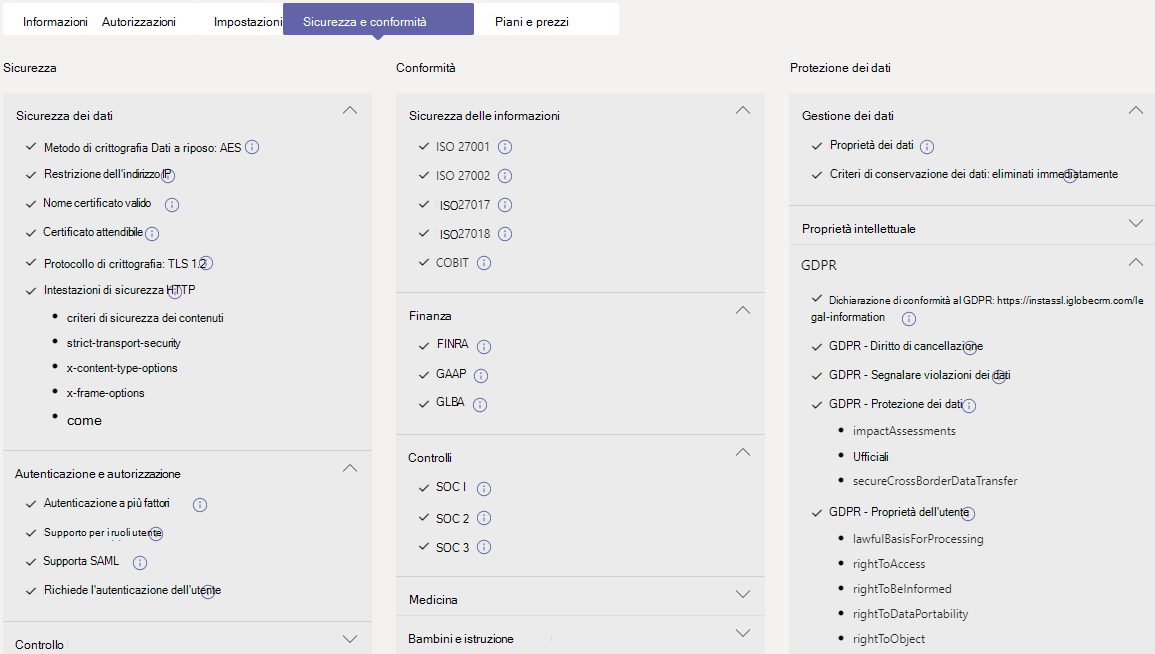 Screenshot della scheda Sicurezza e conformità dell'interfaccia di amministrazione di Teams.