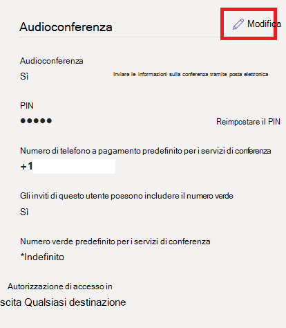 Screenshot dell'opzione Assegna numeri di telefono con accesso esterno per gli utenti.