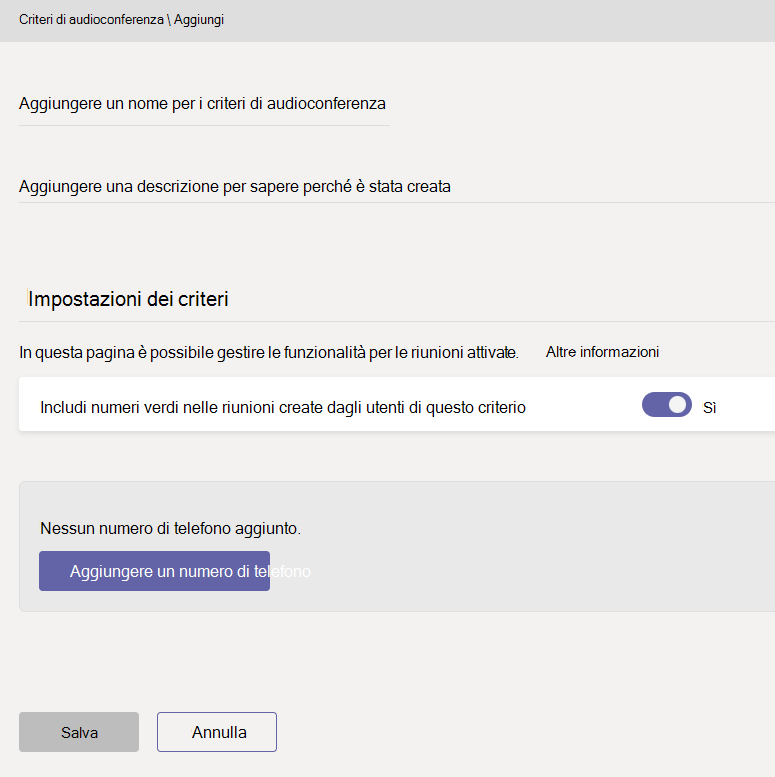 Screenshot della creazione di un nuovo criterio di audioconferenza.
