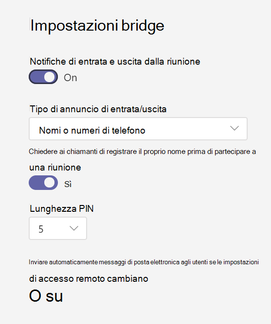 Screenshot delle impostazioni dei bridge di conferenza.