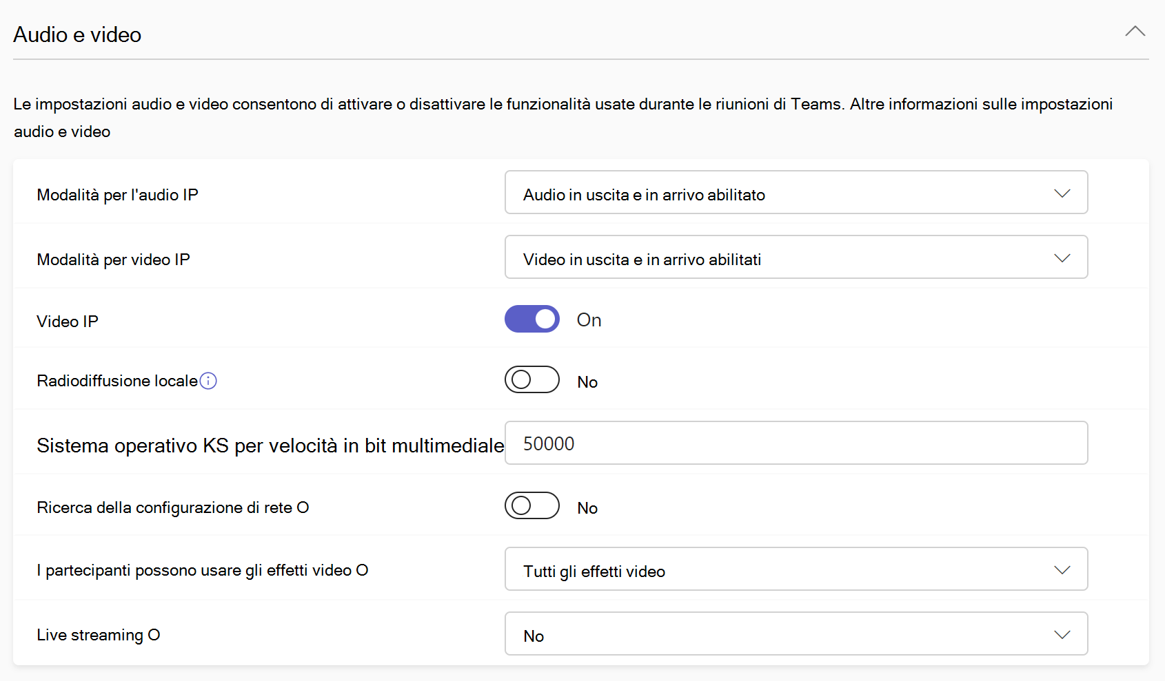 Screenshot delle impostazioni audio e video nei criteri delle riunioni.