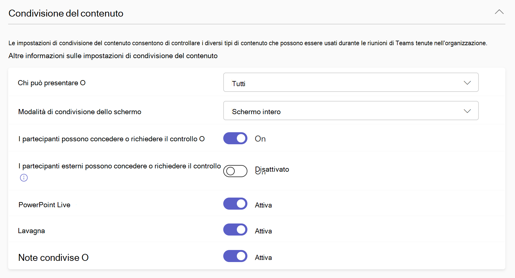 Screenshot delle impostazioni di condivisione dei contenuti nei criteri delle riunioni.