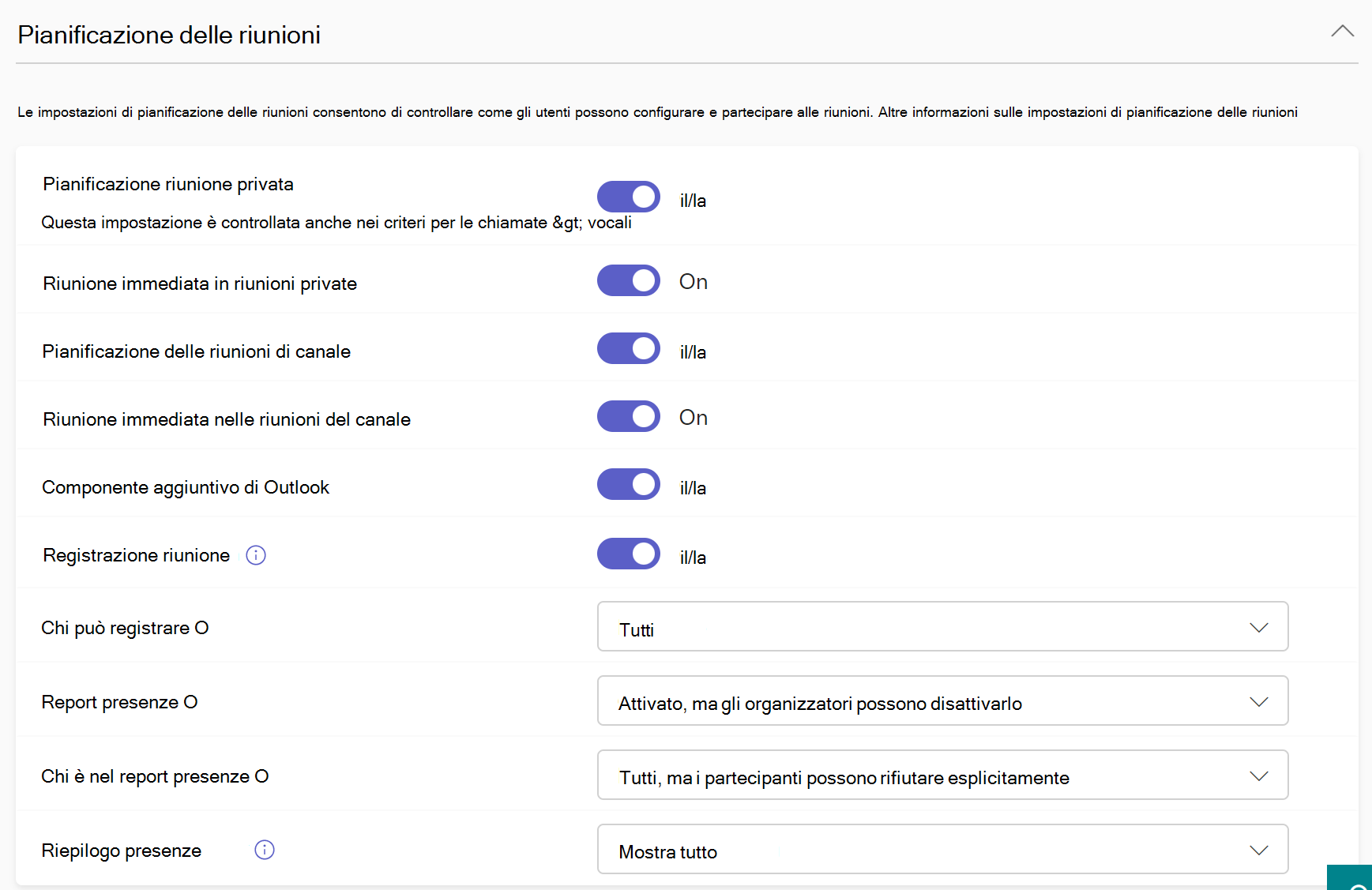 Screenshot delle impostazioni di pianificazione delle riunioni nei criteri di riunione.