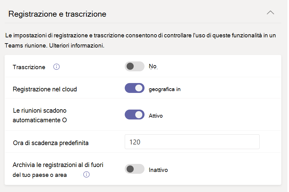 Screenshot delle impostazioni di registrazione e trascrizione nei criteri di riunione.