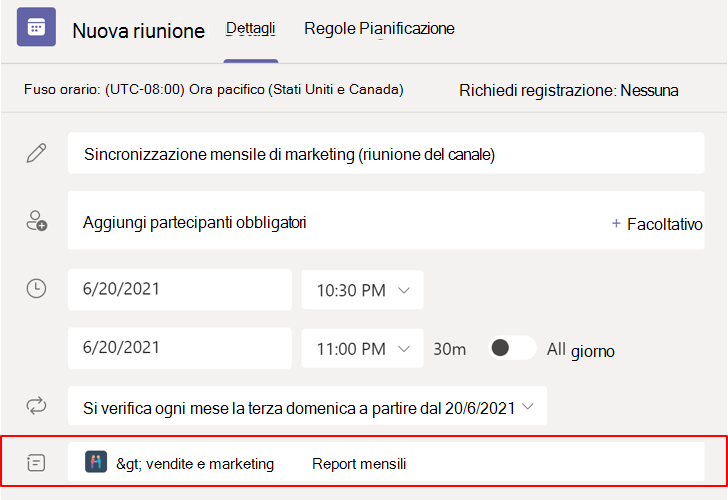 Schermata che mostra l'opzione Seleziona un canale in cui incontrarsi.