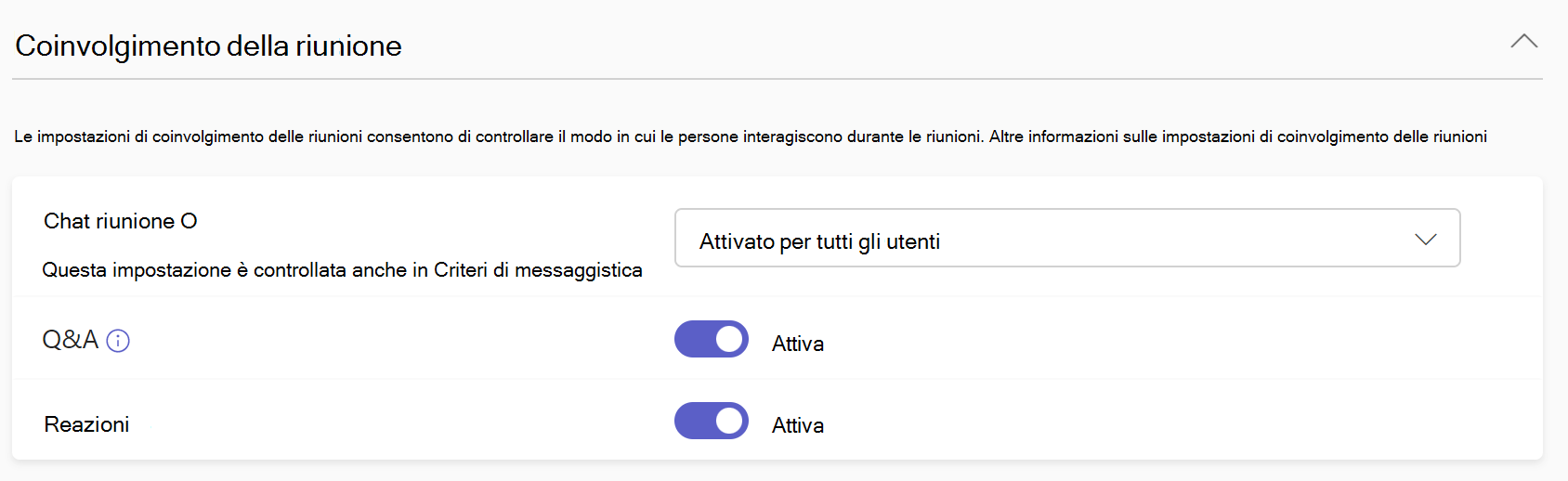 Screenshot dei criteri di coinvolgimento delle riunioni di Teams.