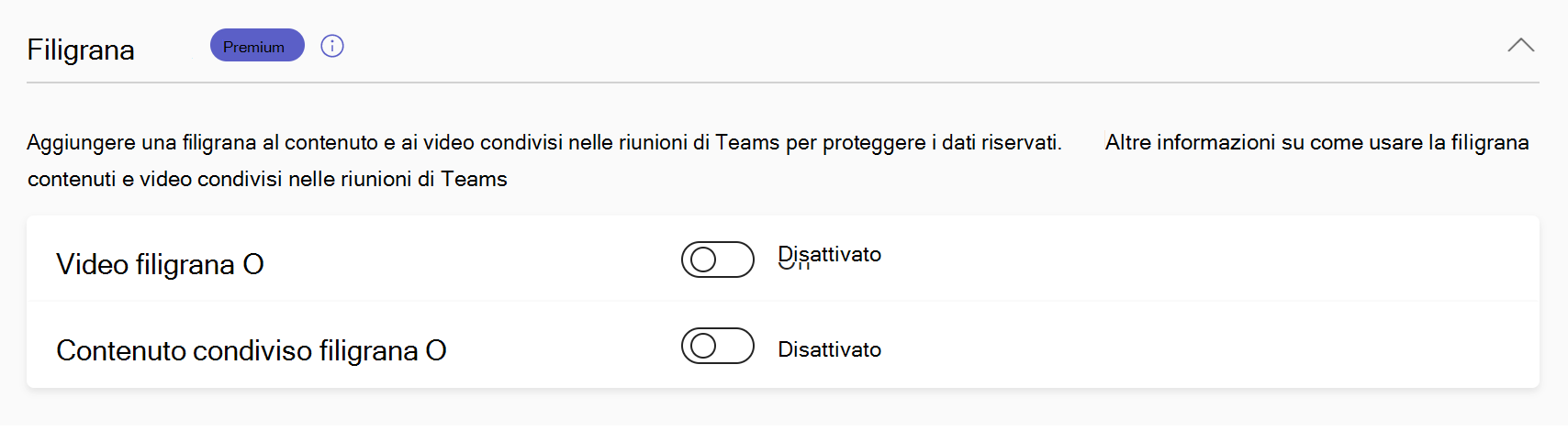 Screenshot dei criteri di filigrana delle riunioni di Teams.