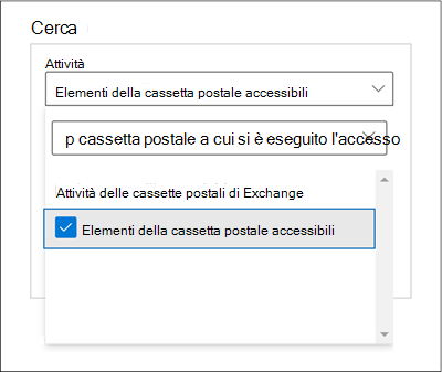 Screenshot della finestra Cerca con l'opzione Elementi cassetta postale accessibili selezionata per l'impostazione Attività.