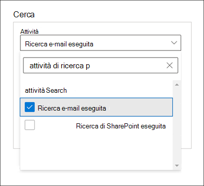 Screenshot della finestra di ricerca con l'opzione Esegui ricerca e-mail selezionata per l'impostazione Attività.