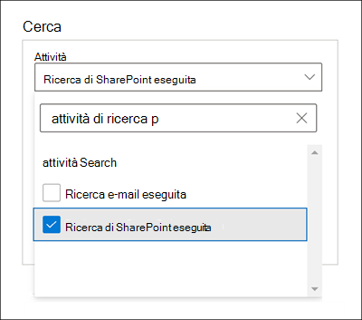 Screenshot della finestra Cerca con l'opzione Di ricerca di SharePoint eseguita selezionata per l'impostazione Attività.