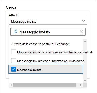 Screenshot della finestra Cerca con l'opzione Messaggio inviato selezionata per l'impostazione Attività.