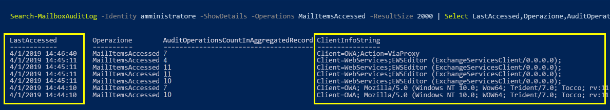 Screenshot del comando Search Mailbox Audit Log in PowerShell e dei record di audit recuperati.