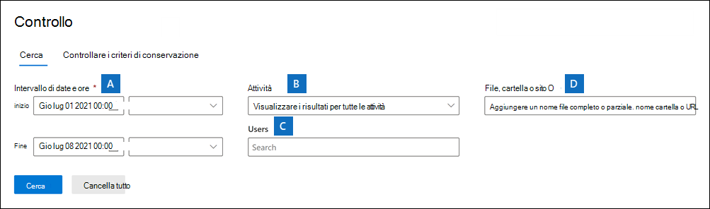 Screenshot della pagina Audit nel Portale di conformità di Microsoft Purview che mostra le varie impostazioni che è possibile configurare.